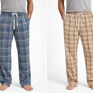 Men’s Large Plaid Fleece Pajama Pants Bundle Blue & Tan Cozy Lounge Sleepwear